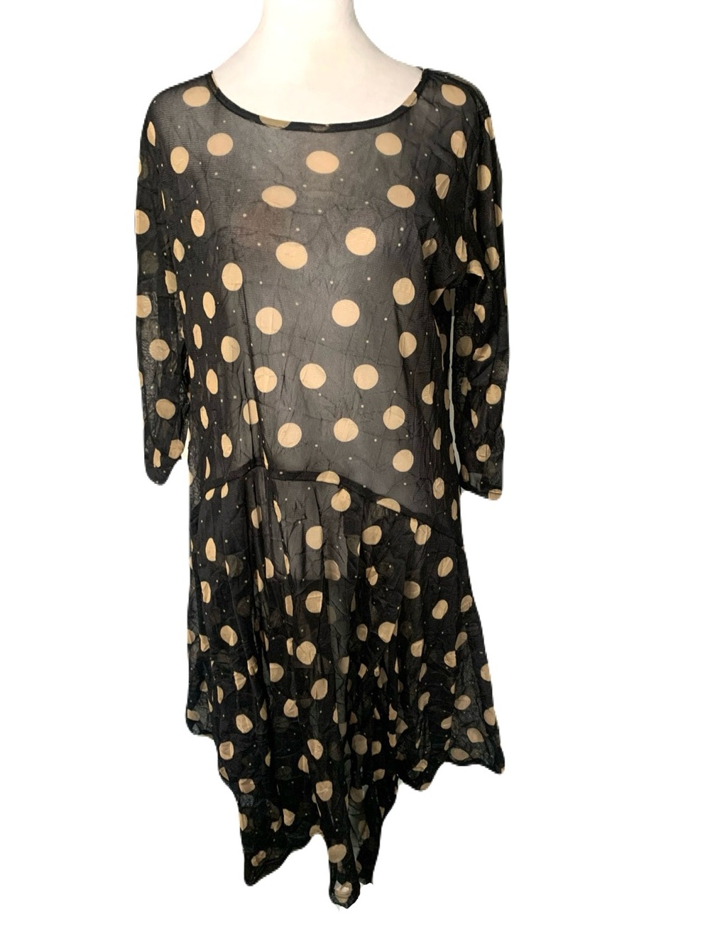 Lisa Bayne Medium Black Sheer Mesh Beige Polka Dot Scarf Hem Artsy Midi Dress